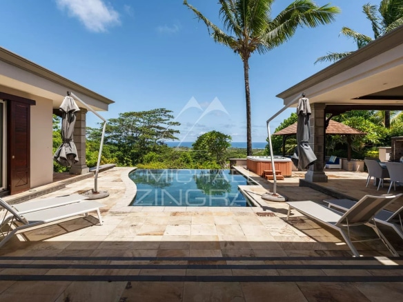 Villa avec piscine et vue sur l'océan à Bel Ombre, entourée de palmiers.