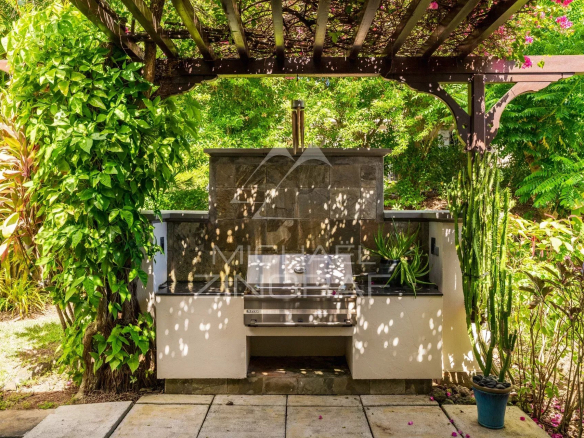 Outdoor barbecue area in a villa in Bel Ombre, Mauritius, surrounded by greenery.