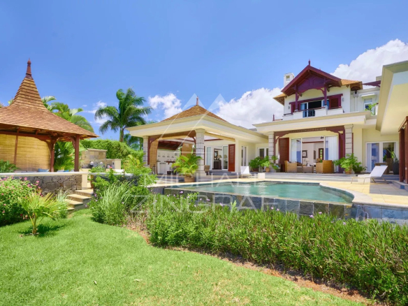 Two-story villa with pool and garden in Bel Ombre, Mauritius, with ocean views.