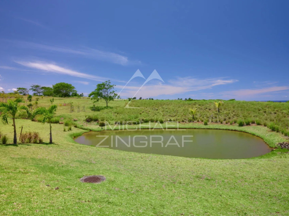View of a pool surrounded by greenery in a quiet estate in Bel Ombre, Mauritius.