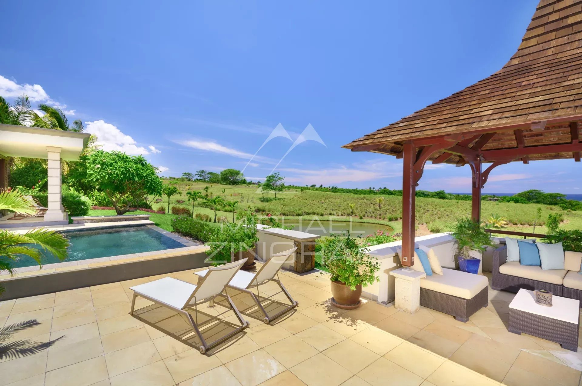 Elegant villa with pool and golf views in Bel Ombre, Mauritius.
