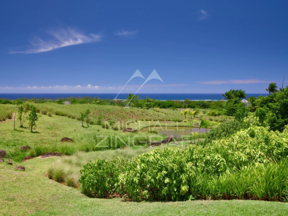 Unobstructed view of a green garden and the ocean in Bel Ombre, Mauritius.