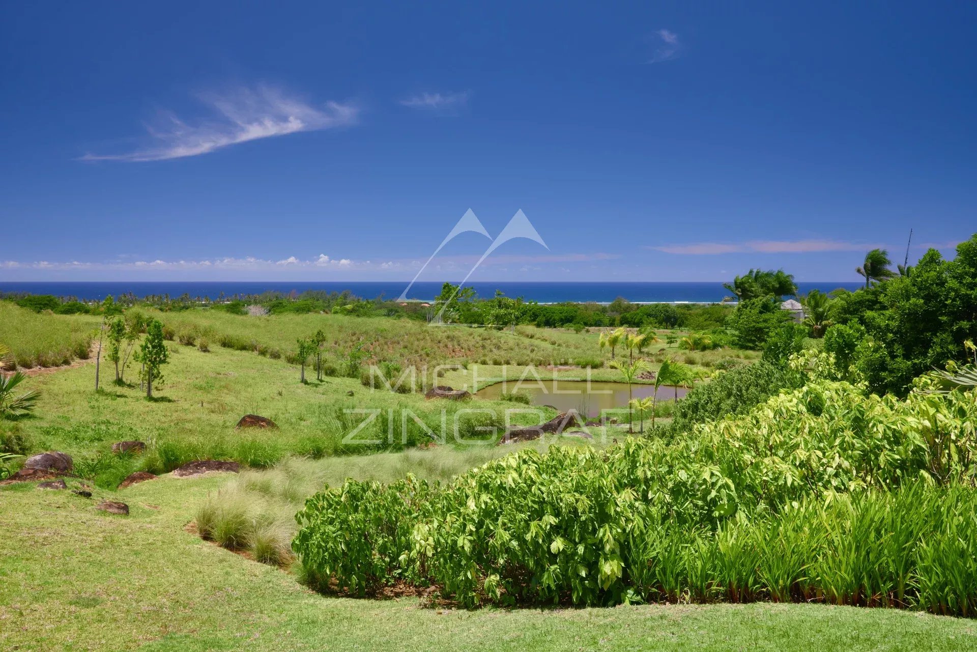 Unobstructed view of a green garden and the ocean in Bel Ombre, Mauritius.