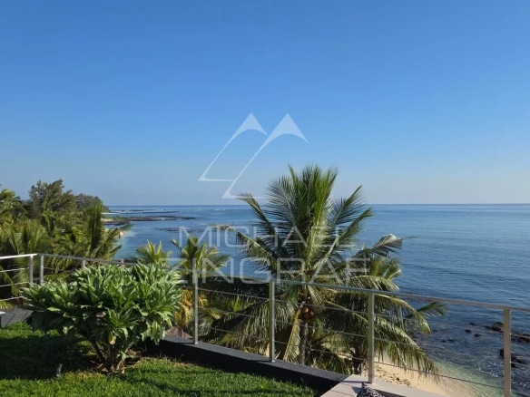 Ocean view from a terrace with palm trees and green space.