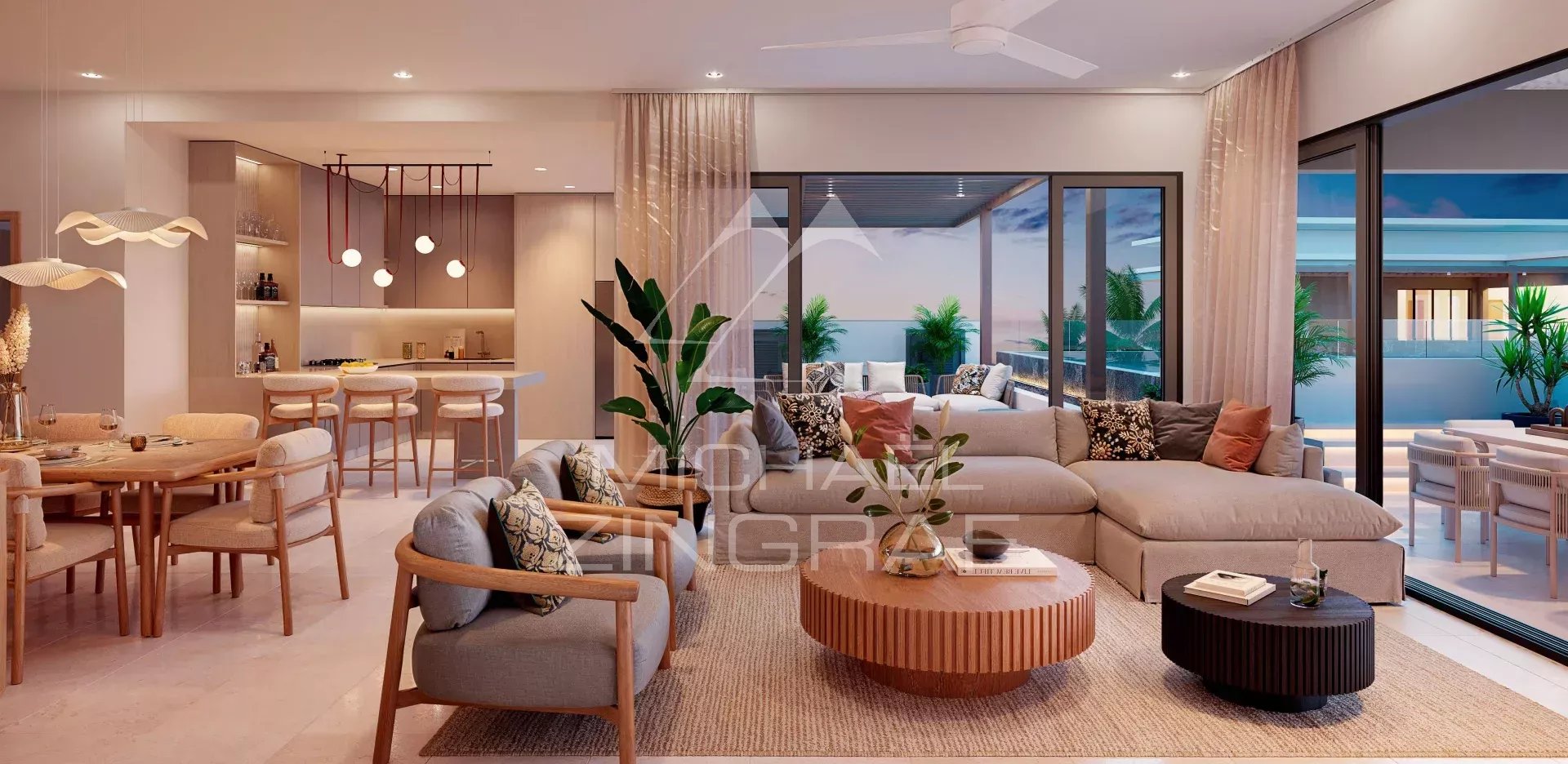 Penthouse de Luxe à Belle Mare Intérieur d'un penthouse de luxe avec salon moderne et cuisine ouverte à Belle Mare.