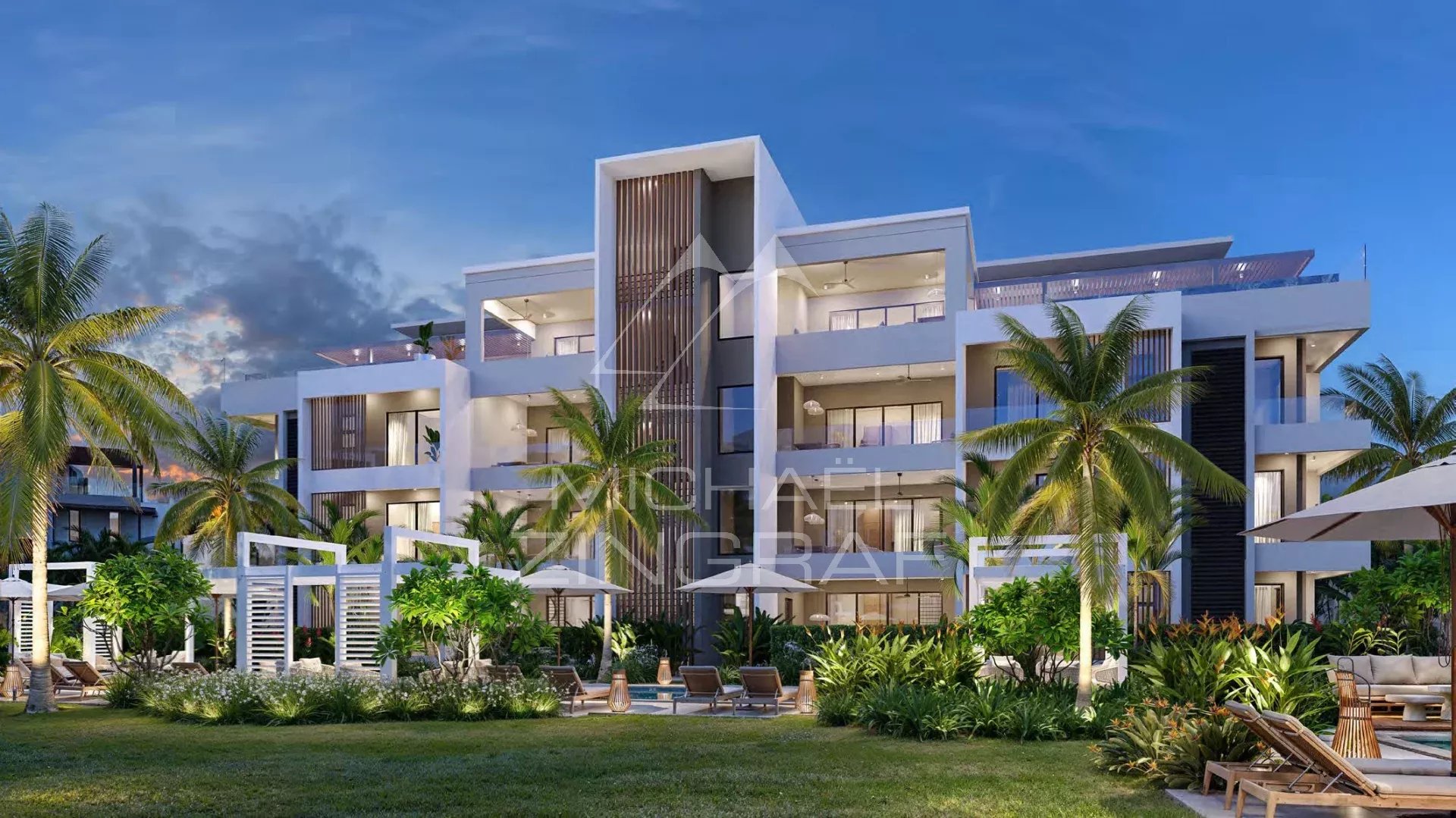 Penthouse de Luxe à Belle Mare Penthouse de luxe avec jardin et palmier à Belle Mare, île Maurice.