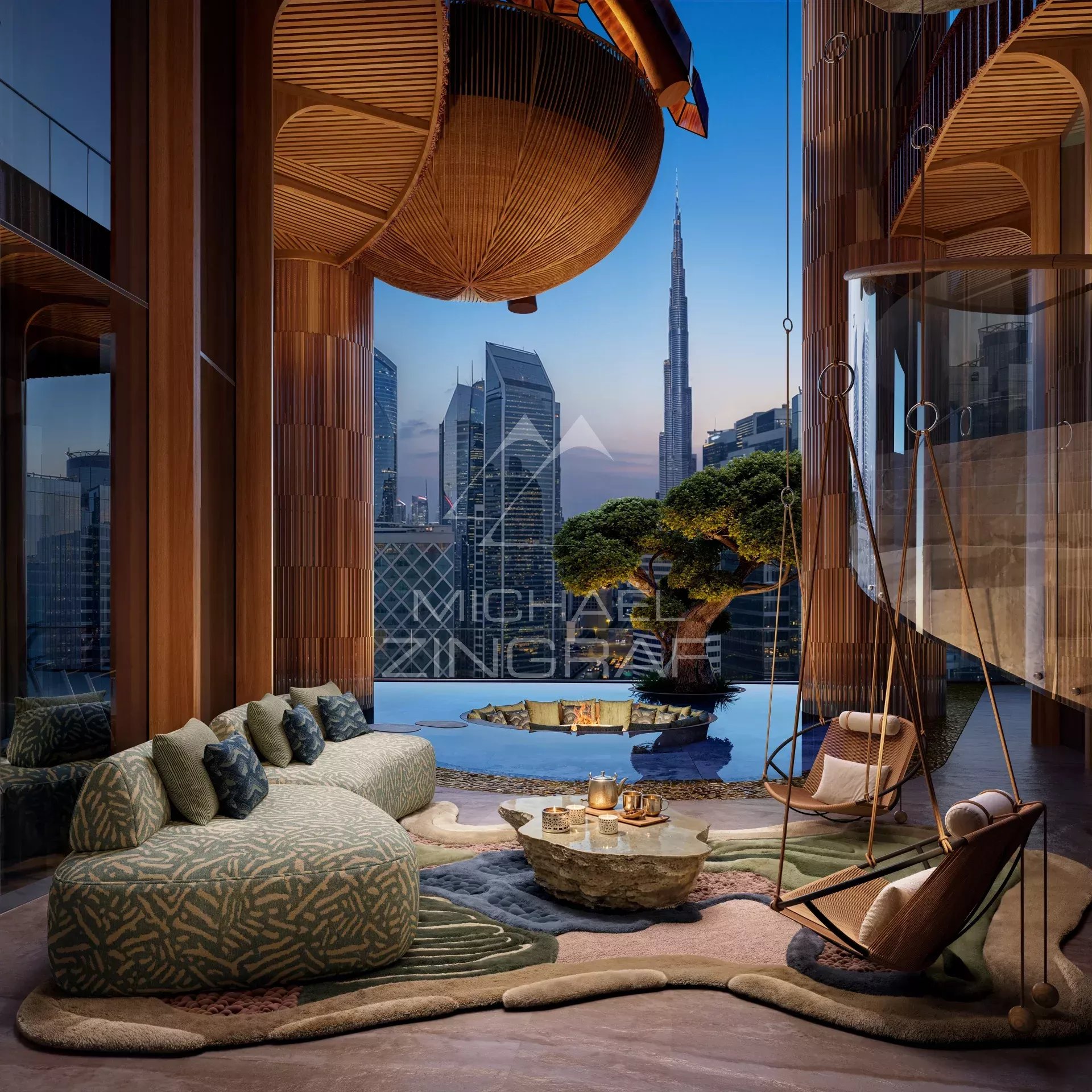 Résidence d’Exception à Dubaï Intérieur d'un appartement moderne avec vue sur le Burj Khalifa à Dubaï.
