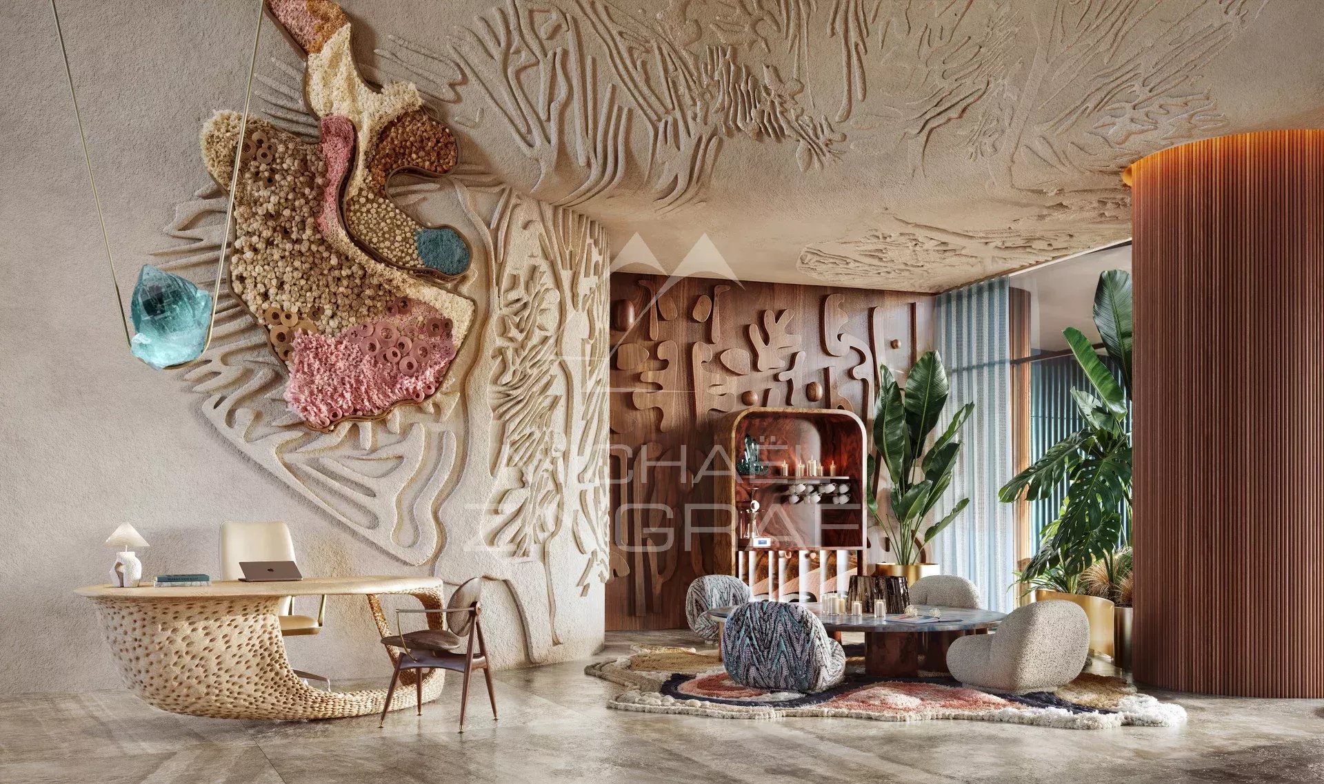 Intérieur d’un appartement à Dubai – EYWA Intérieur d'un appartement moderne avec des éléments naturels et un design contemporain.