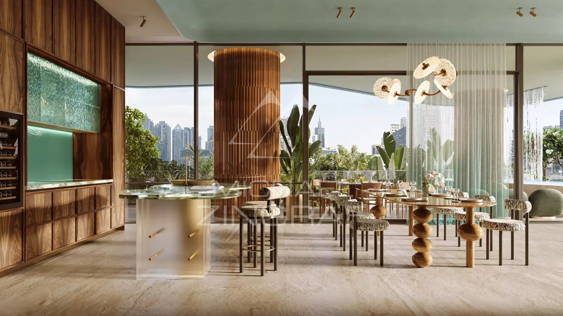 Intérieur d’un appartement à Dubai Intérieur d'un élégant appartement avec des tables et des chaises, vue sur des plantes et des gratte-ciels à Dubai.