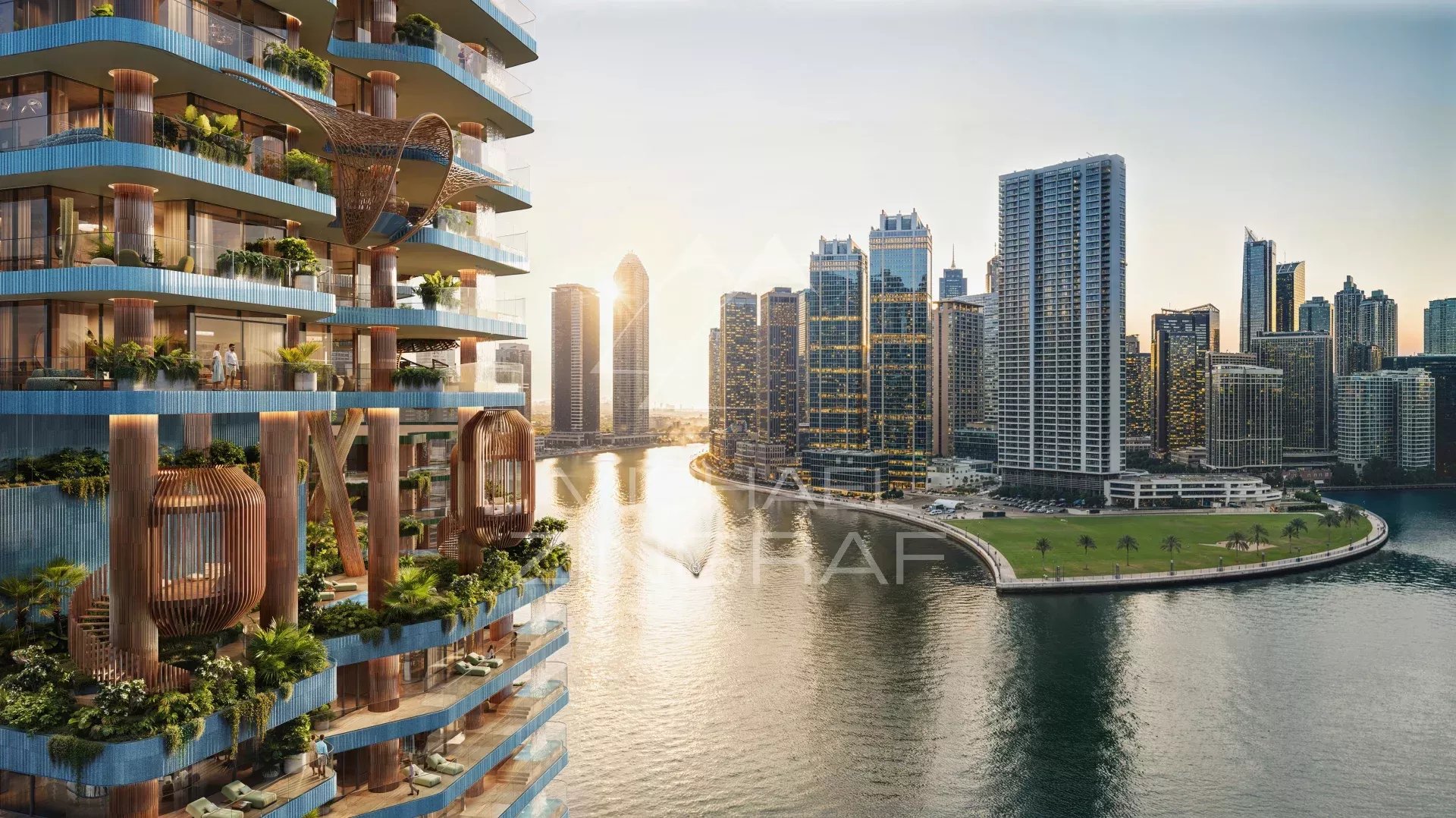 Résidence EYWA à Dubai Vue de la résidence EYWA à Dubai avec le Burj Khalifa en arrière-plan et le Dubai Water Canal.