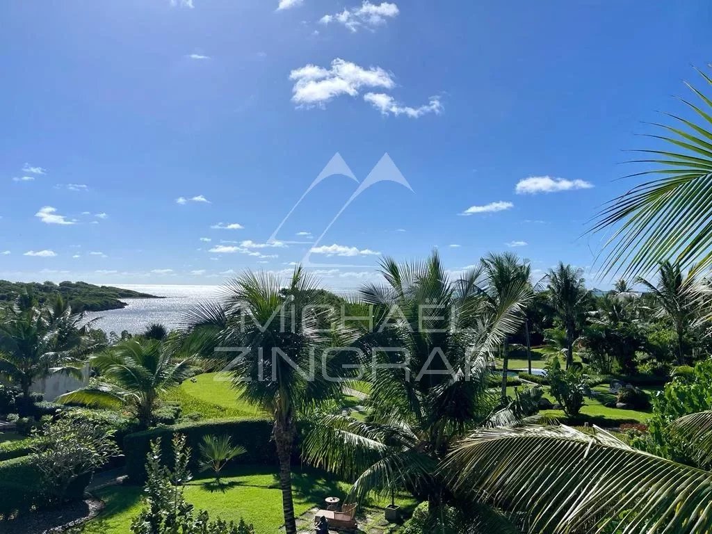 Panoramic sea view from a penthouse in Haute Rive, surrounded by palm trees.