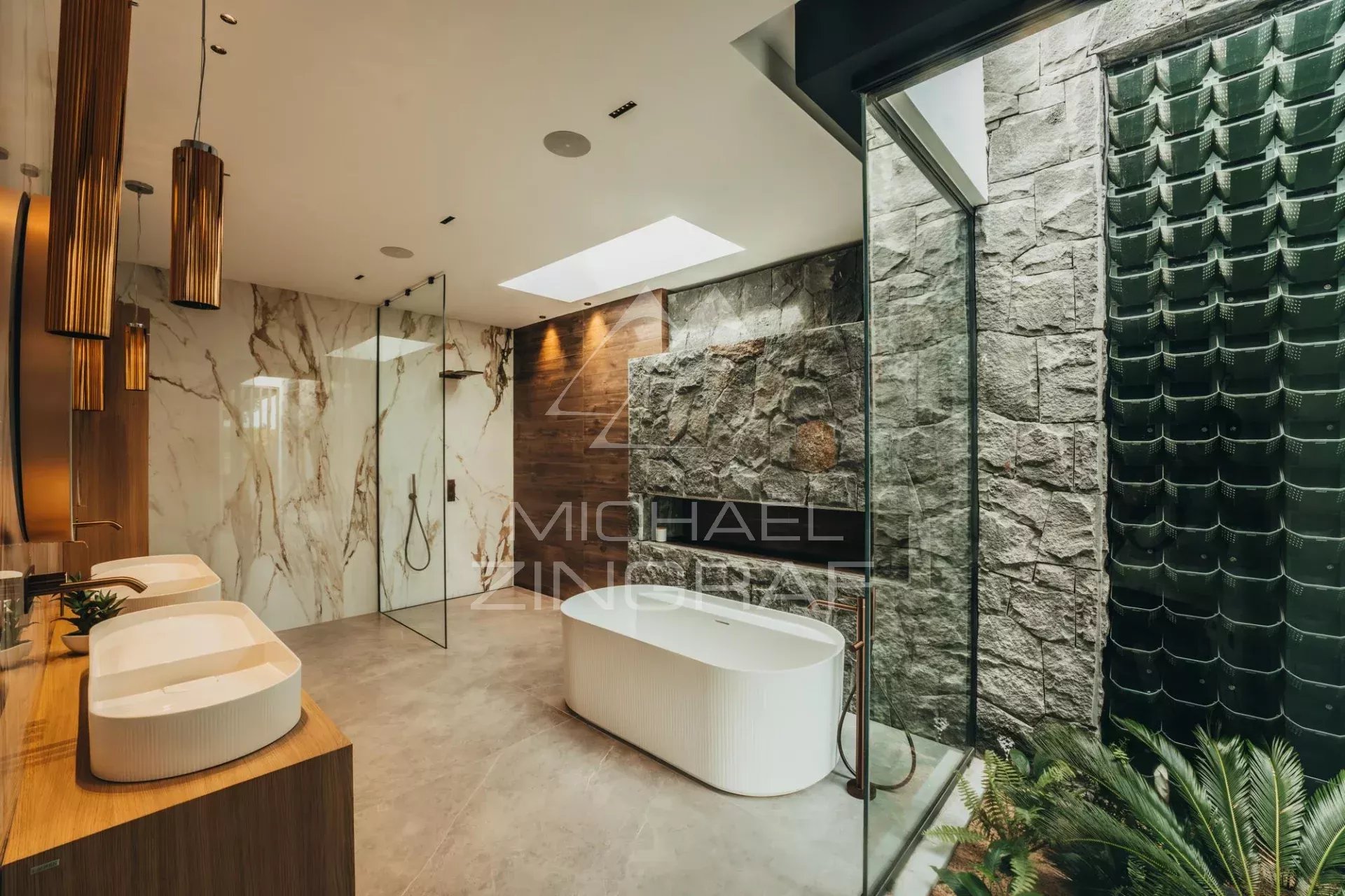 Contemporary bathroom Modern bathroom with bathtub, glass showers and stone walls.