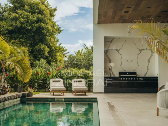 Modern villa with swimming pool, sun loungers and barbecue, surrounded by greenery in Haute Rive.