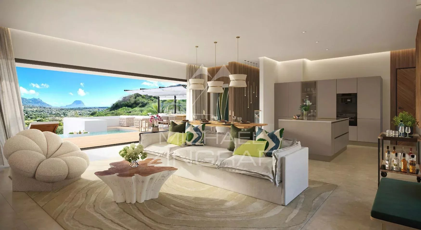 Intérieur d’une villa d’exception à Rivière Noire Intérieur moderne d'une villa avec vue sur l'océan et les montagnes, salon spacieux et cuisine ouverte.