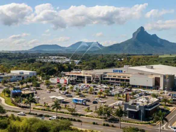 Vue aérienne d'un centre commercial avec des montagnes en arrière-plan à Rivière Noire.