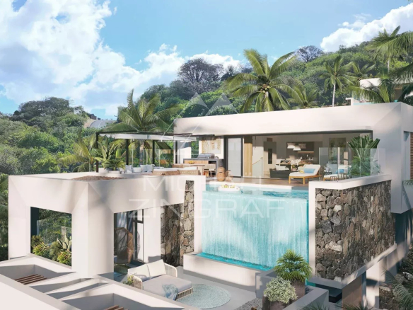 Villa moderne de 3 chambres avec piscine et vue sur l'océan, entourée de verdure à Rivière Noire.