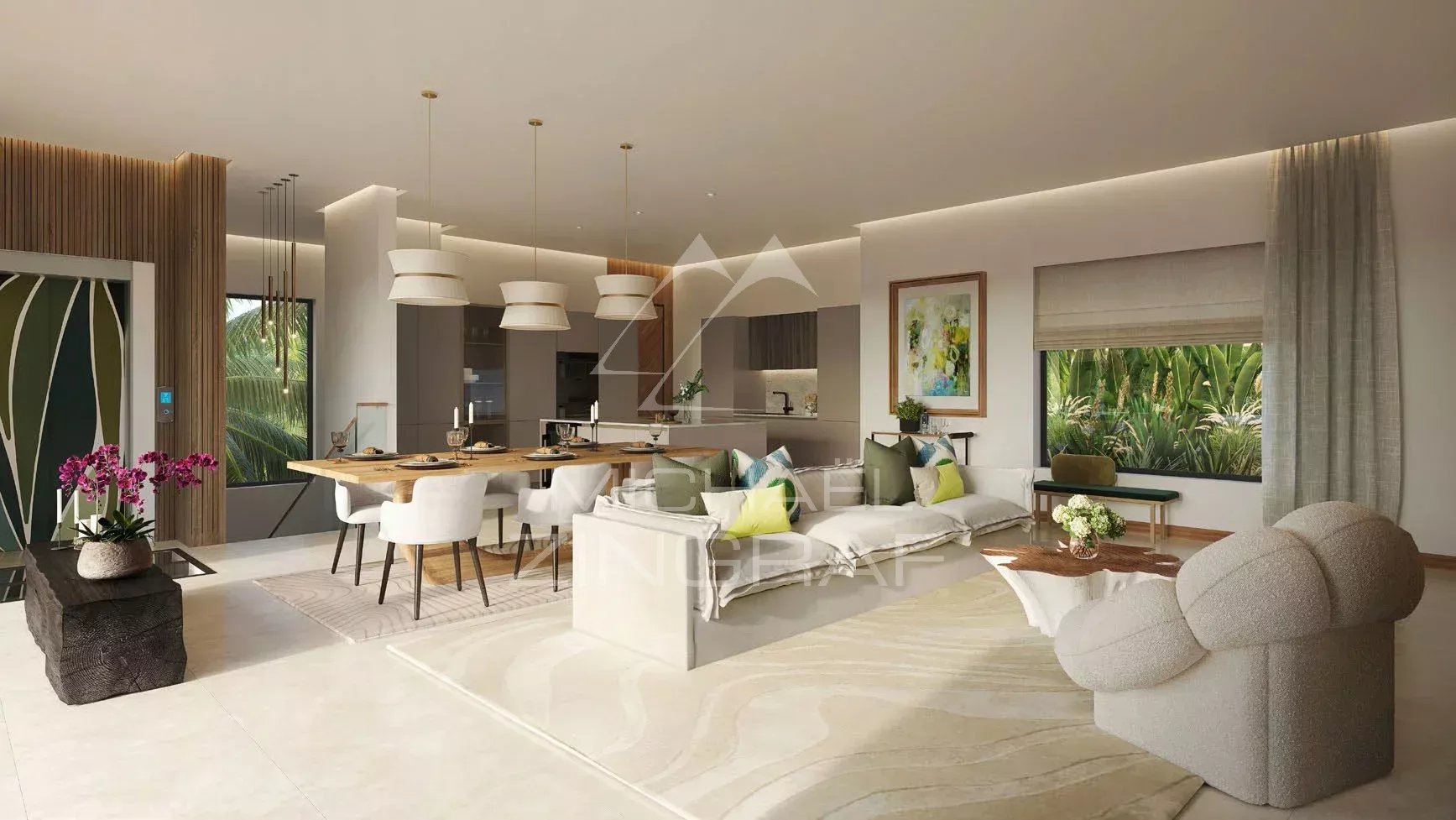 Intérieur d’une villa d’exception à Rivière Noire Intérieur d'une villa moderne avec salon et cuisine ouverte, décorée avec des plantes et des meubles contemporains.