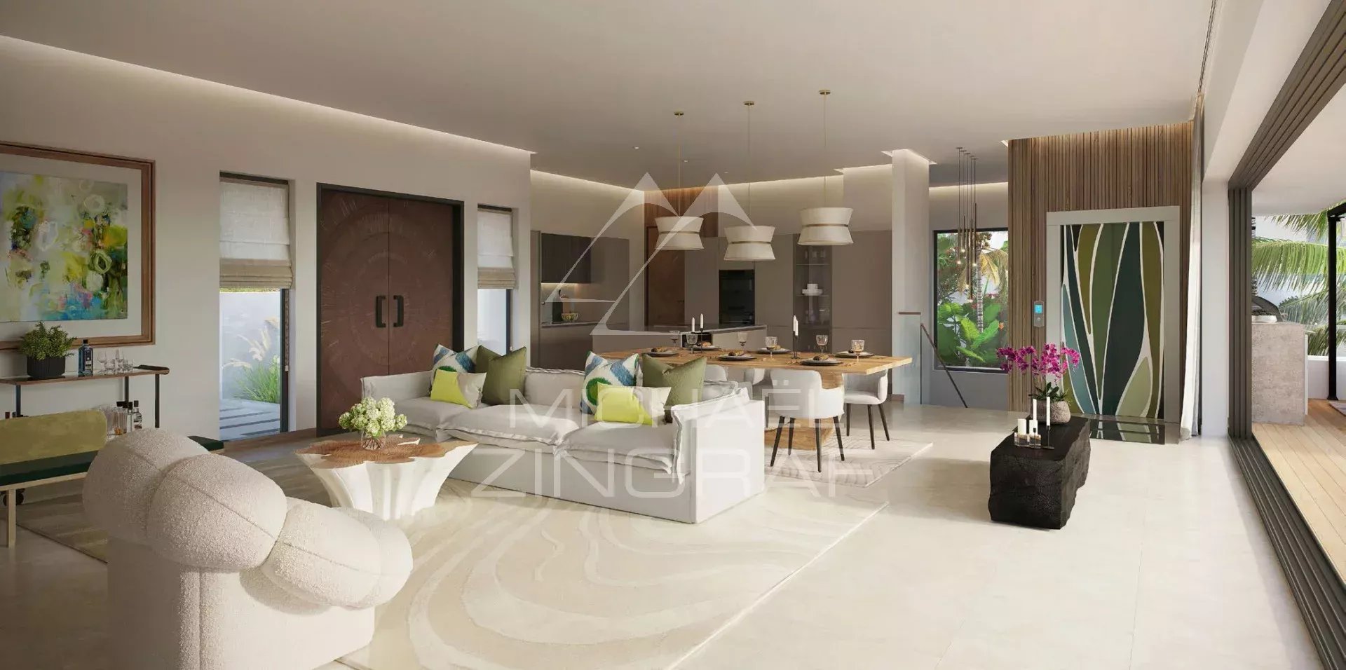 Intérieur d’une villa moderne à Rivière Noire Intérieur moderne d'une villa avec salon et salle à manger, décoré avec des meubles contemporains.