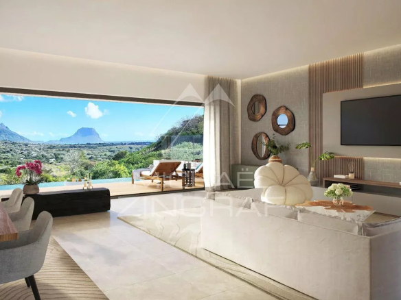 Intérieur moderne d'une villa avec vue sur les montagnes et la mer, Rivière Noire.