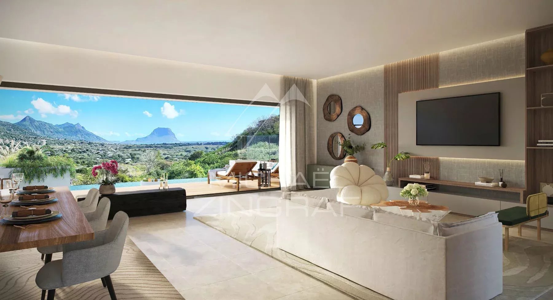 Intérieur d’une villa à Rivière Noire Intérieur moderne d'une villa avec vue sur les montagnes et la mer, Rivière Noire.