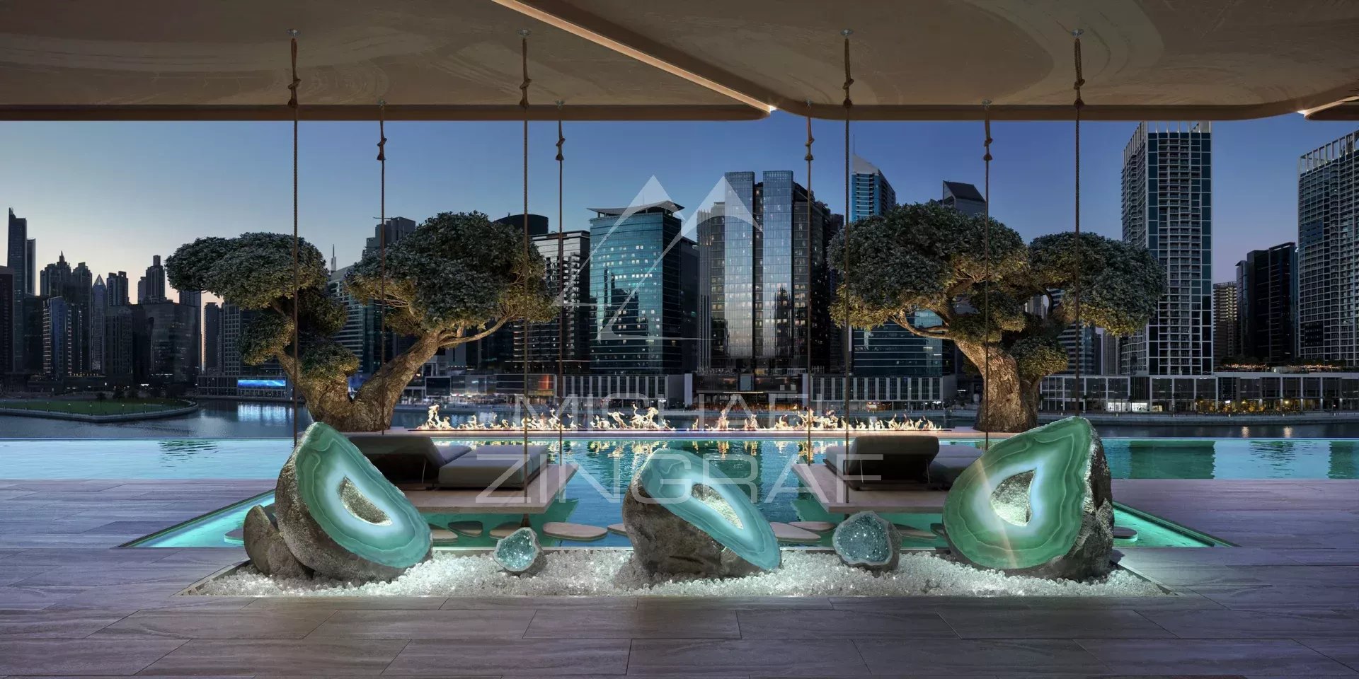 EYWA Dubai – Espace extérieur Vue d'un espace extérieur avec des sculptures et des arbres, au bord du Dubai Water Canal à Dubai.