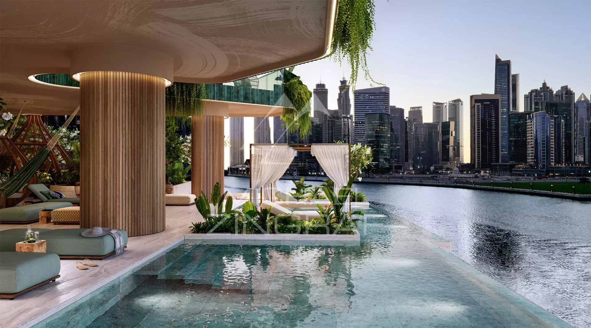 EYWA Dubai – Appartement de Luxe Vue d'un appartement avec piscine au bord du Dubai Water Canal, entouré de végétation et de la skyline de Dubaï.
