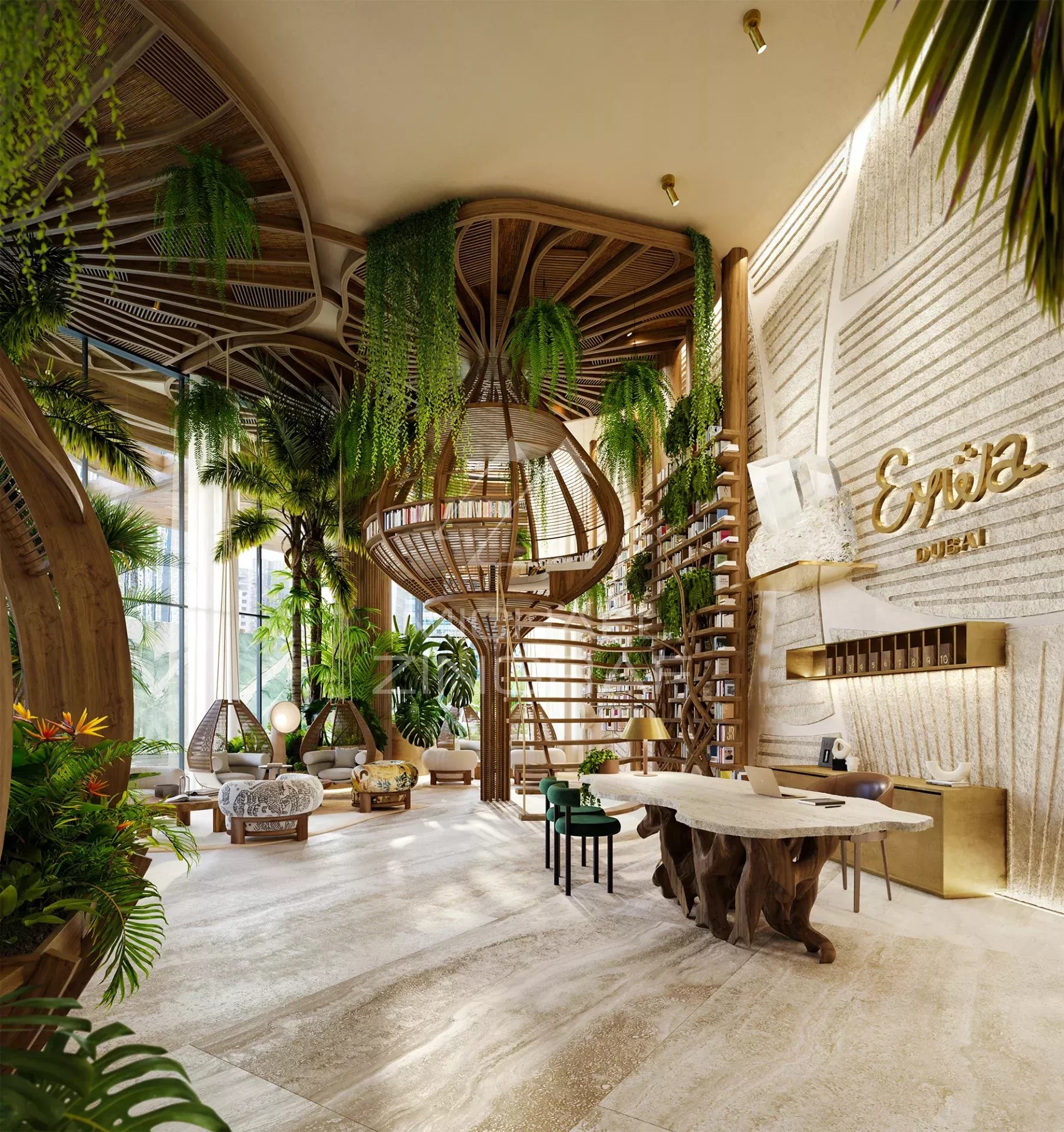 Intérieur d’EYWA Dubai Intérieur d'un appartement luxueux à EYWA Dubai, avec des éléments naturels et une architecture moderne.