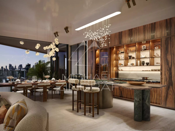 Intérieur d'un appartement moderne avec vue sur le Dubai Water Canal, mobilier en bois et décoration élégante.
