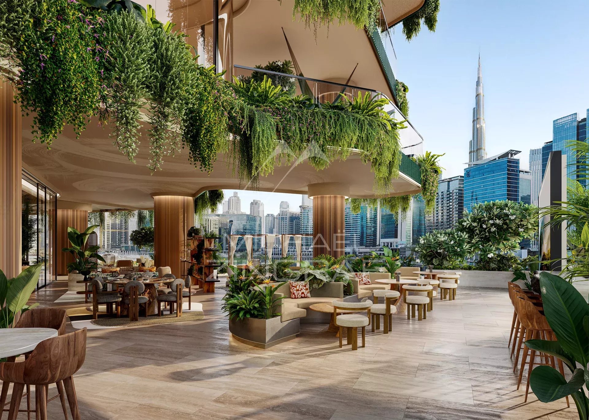 Intérieur d’EYWA Dubai Intérieur moderne d'un appartement à EYWA Dubai avec vue sur le Dubai Water Canal et des plantes décoratives.