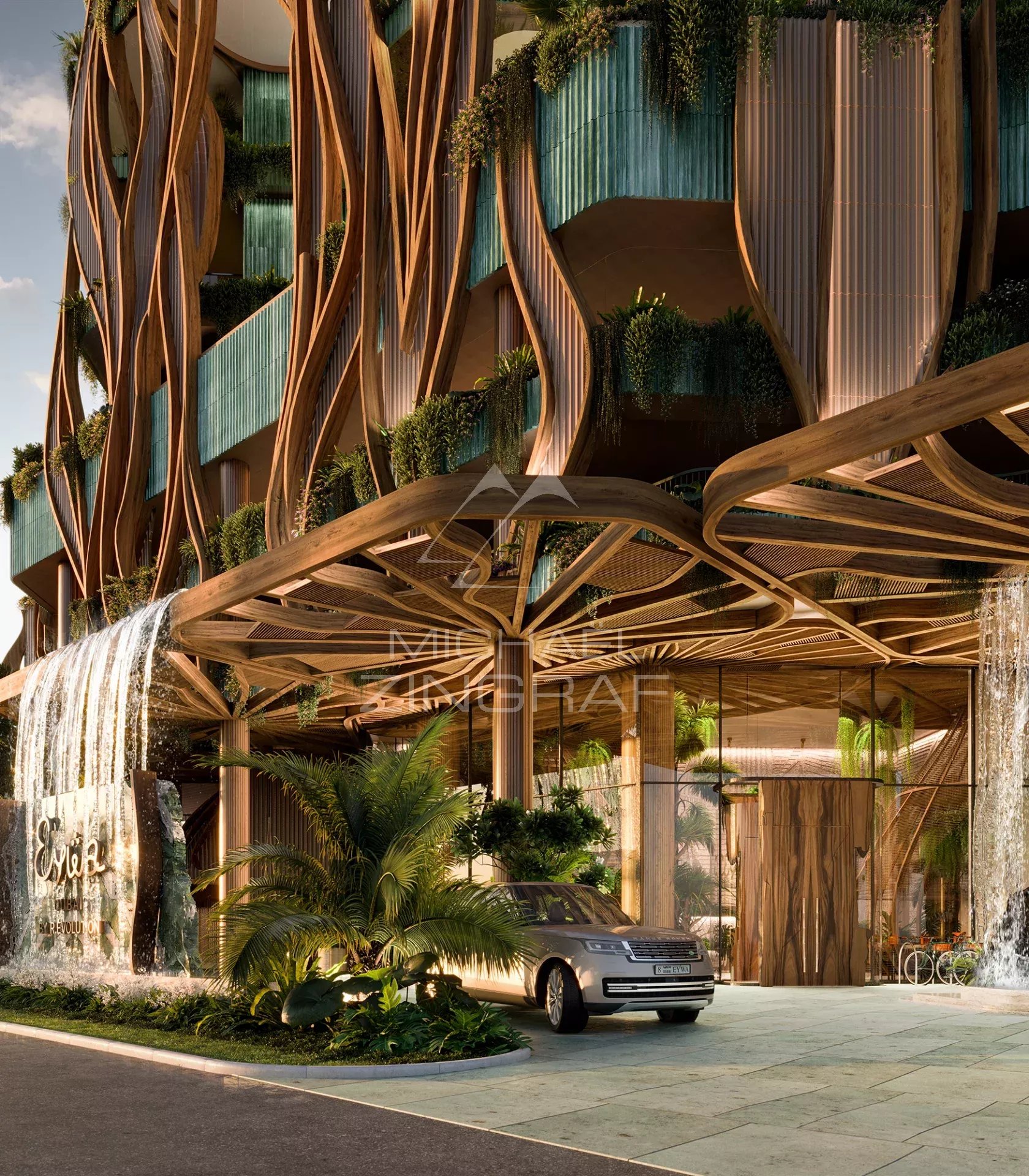 Entrée de l’immeuble EYWA à Dubai Entrée de l'immeuble EYWA à Dubai avec architecture moderne et éléments naturels.