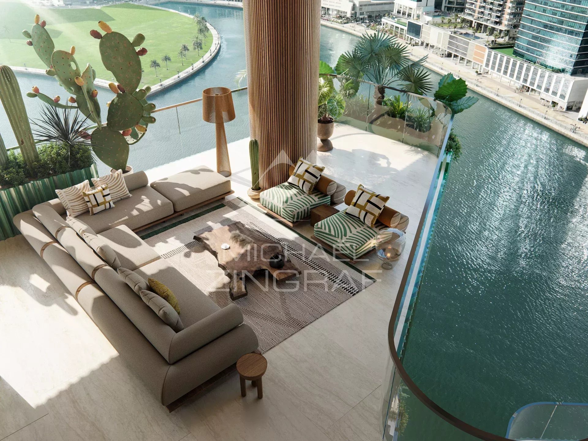 Appartement moderne à EYWA Dubai Intérieur d'un appartement moderne avec vue sur le Dubai Water Canal, mobilier contemporain et plantes.