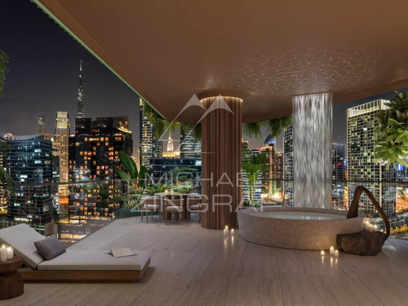 Terrasse d'un appartement luxueux avec vue sur la ville de Dubaï et le Dubai Water Canal, éclairage nocturne.