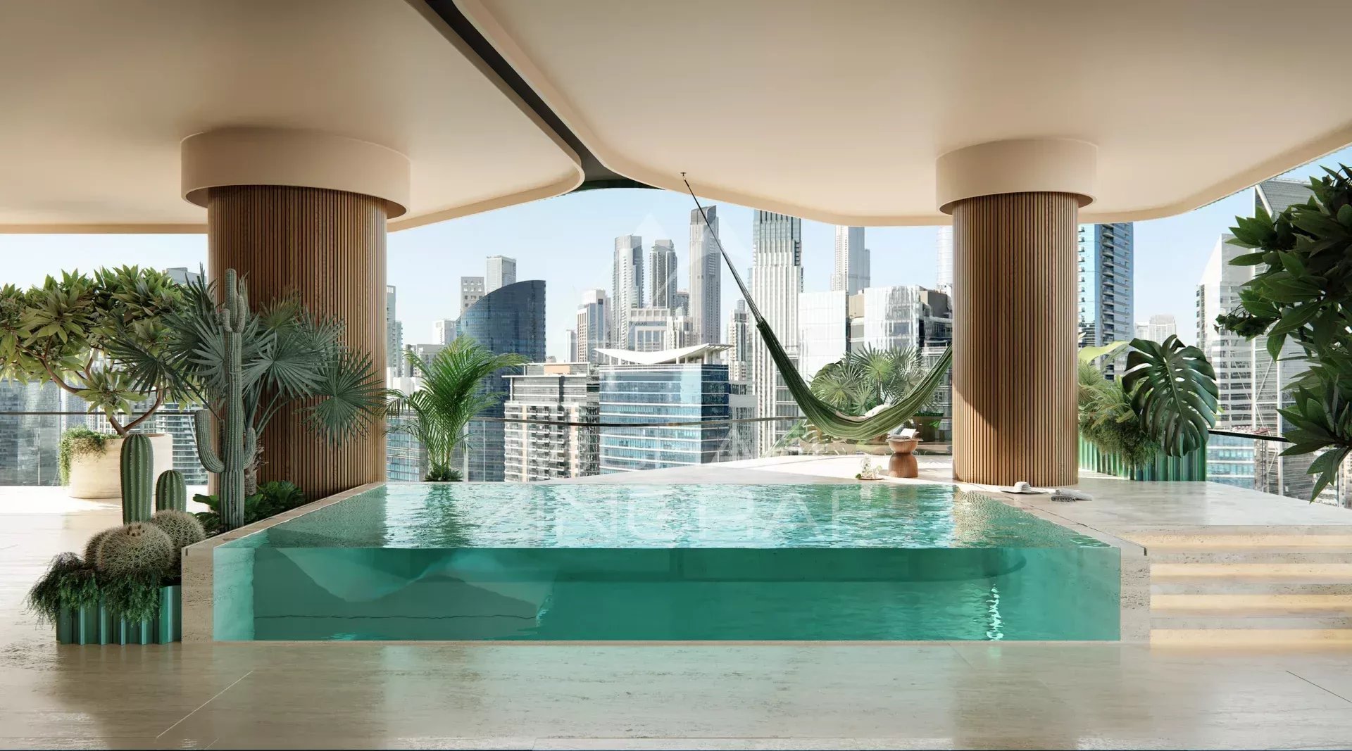 Appartement de luxe à EYWA Dubai Vue intérieure d'un appartement moderne avec piscine et plantes, à Dubai.