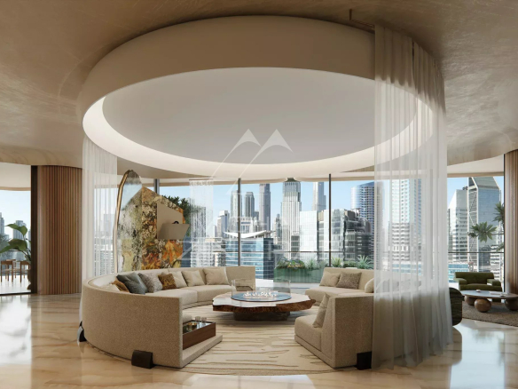 Intérieur moderne d'un appartement à EYWA Dubai avec vue sur le Dubai Water Canal et la ville.