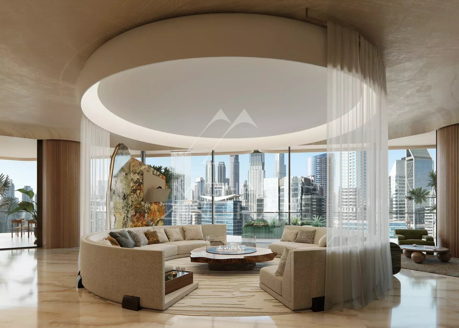 Appartement moderne à EYWA Dubai Intérieur moderne d'un appartement à EYWA Dubai avec vue sur le Dubai Water Canal et la ville.