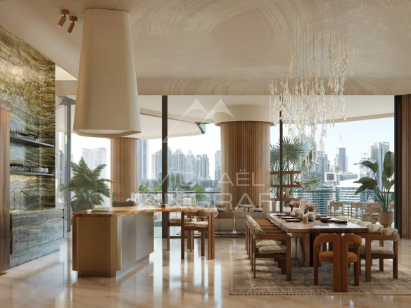 Intérieur d'un appartement luxueux à EYWA Dubai avec salle à manger et vue sur le Dubai Water Canal.