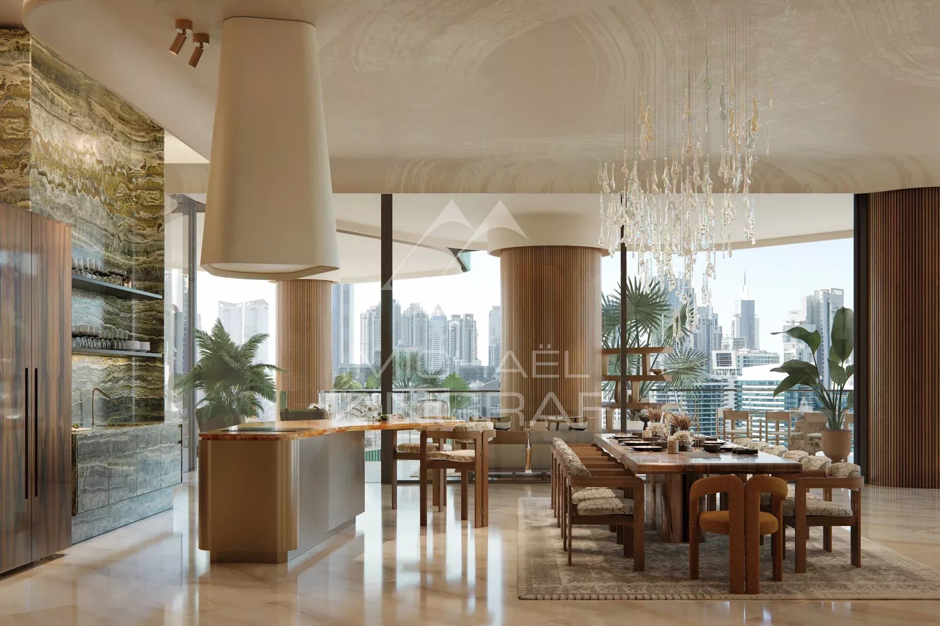 Intérieur d’un appartement à EYWA Dubai Intérieur d'un appartement luxueux à EYWA Dubai avec salle à manger et vue sur le Dubai Water Canal.