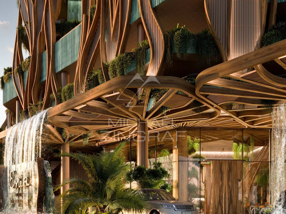 Entrée de l'immeuble EYWA à Dubai avec des éléments naturels et une voiture devant.