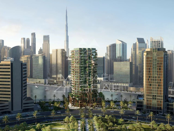 Vue panoramique de l'immeuble EYWA à Dubai avec le Burj Khalifa en arrière-plan.