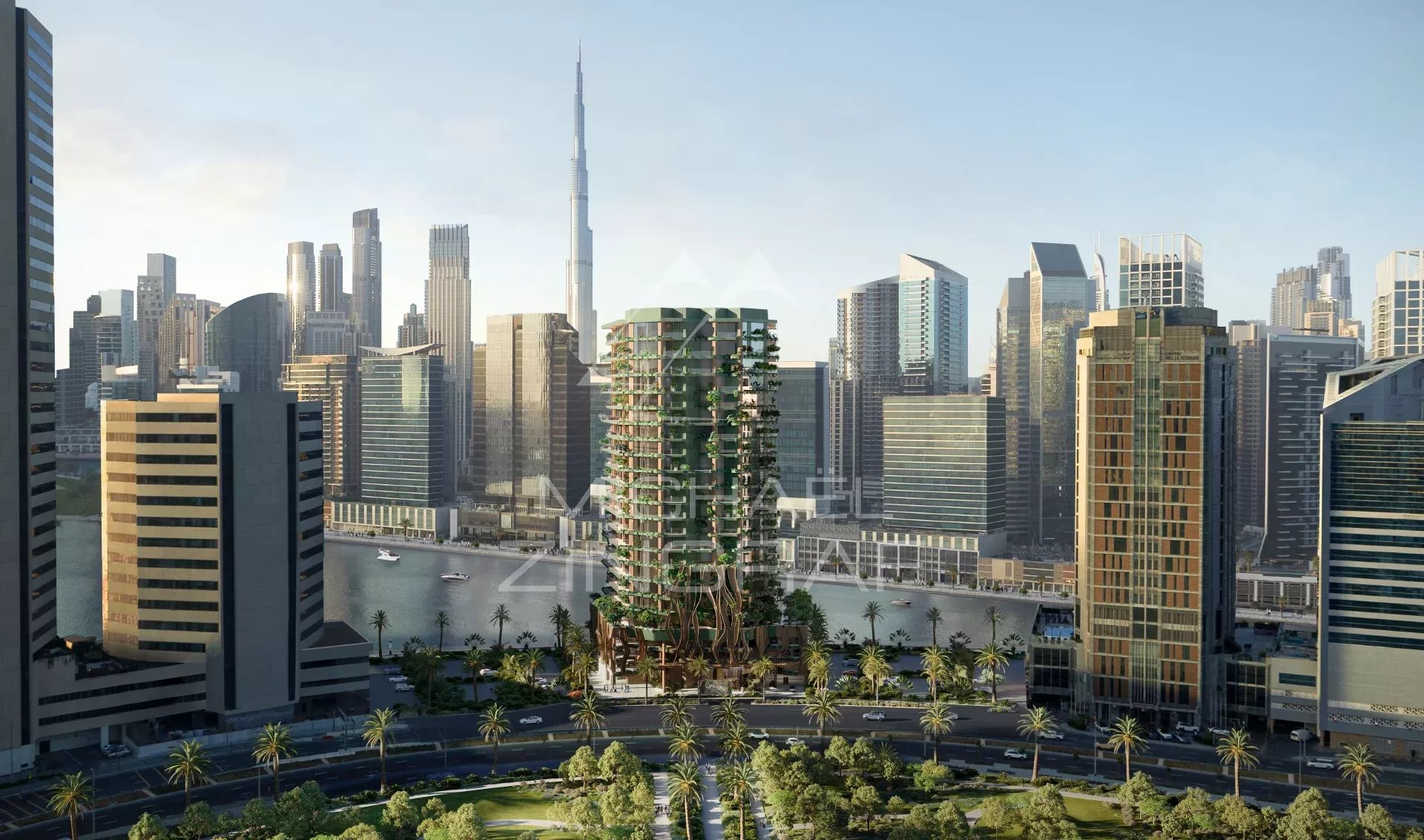 Immeuble EYWA à Dubai Vue panoramique de l'immeuble EYWA à Dubai avec le Burj Khalifa en arrière-plan.