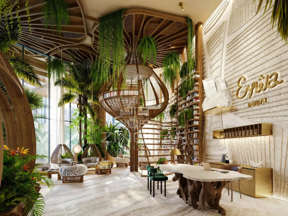 Intérieur d'un appartement luxueux à EYWA Dubai avec des plantes et un design moderne.