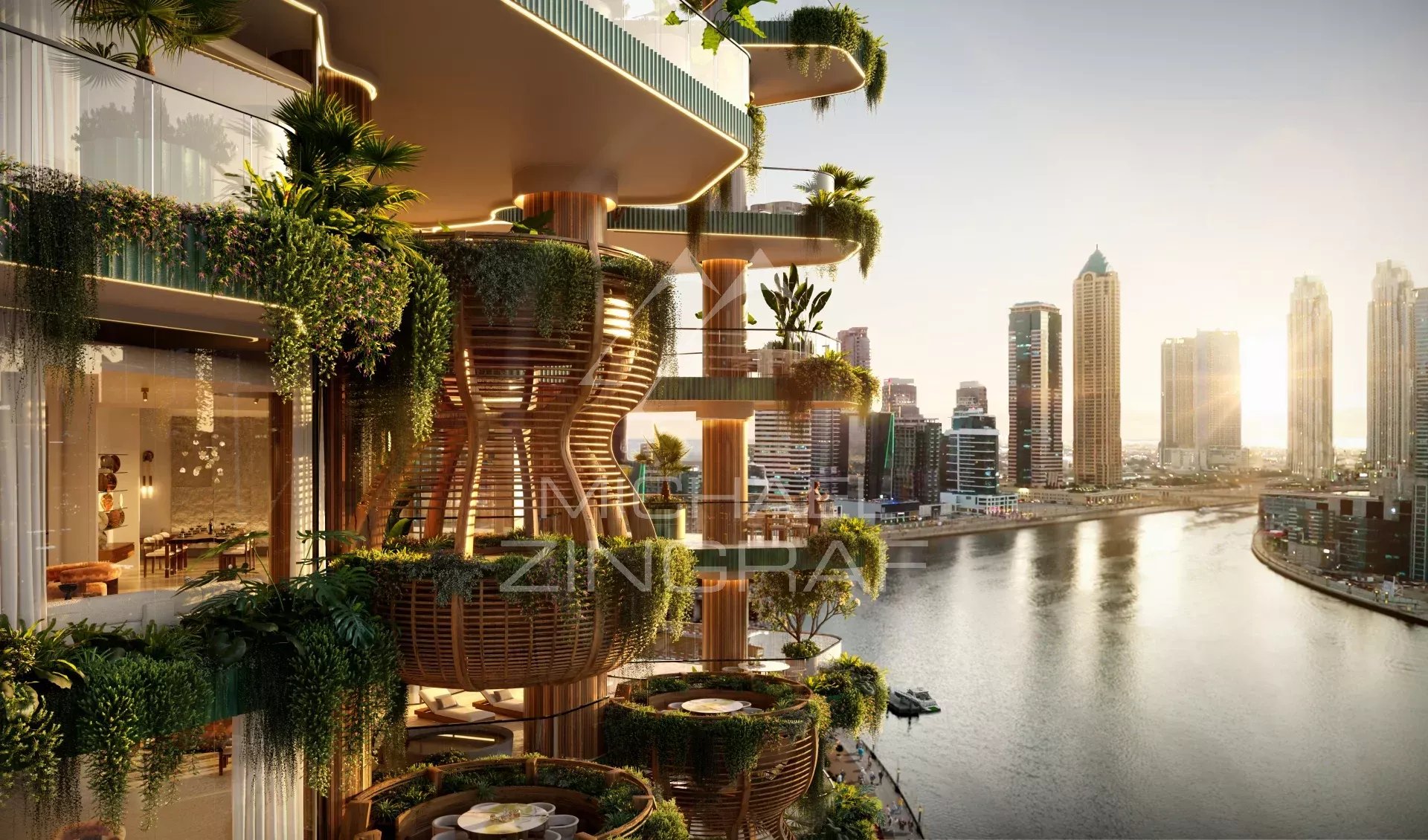EYWA Dubai – Appartement de luxe Vue panoramique d'un appartement moderne avec balcons végétalisés surplombant le Dubai Water Canal.