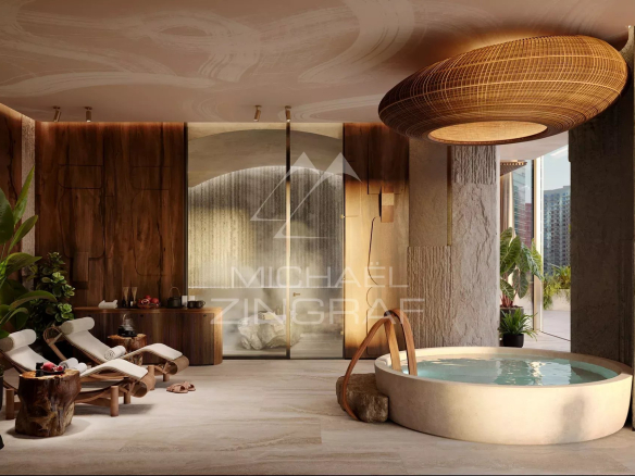 Intérieur d'un appartement luxueux avec spa, plantes et baignoire à Dubai.