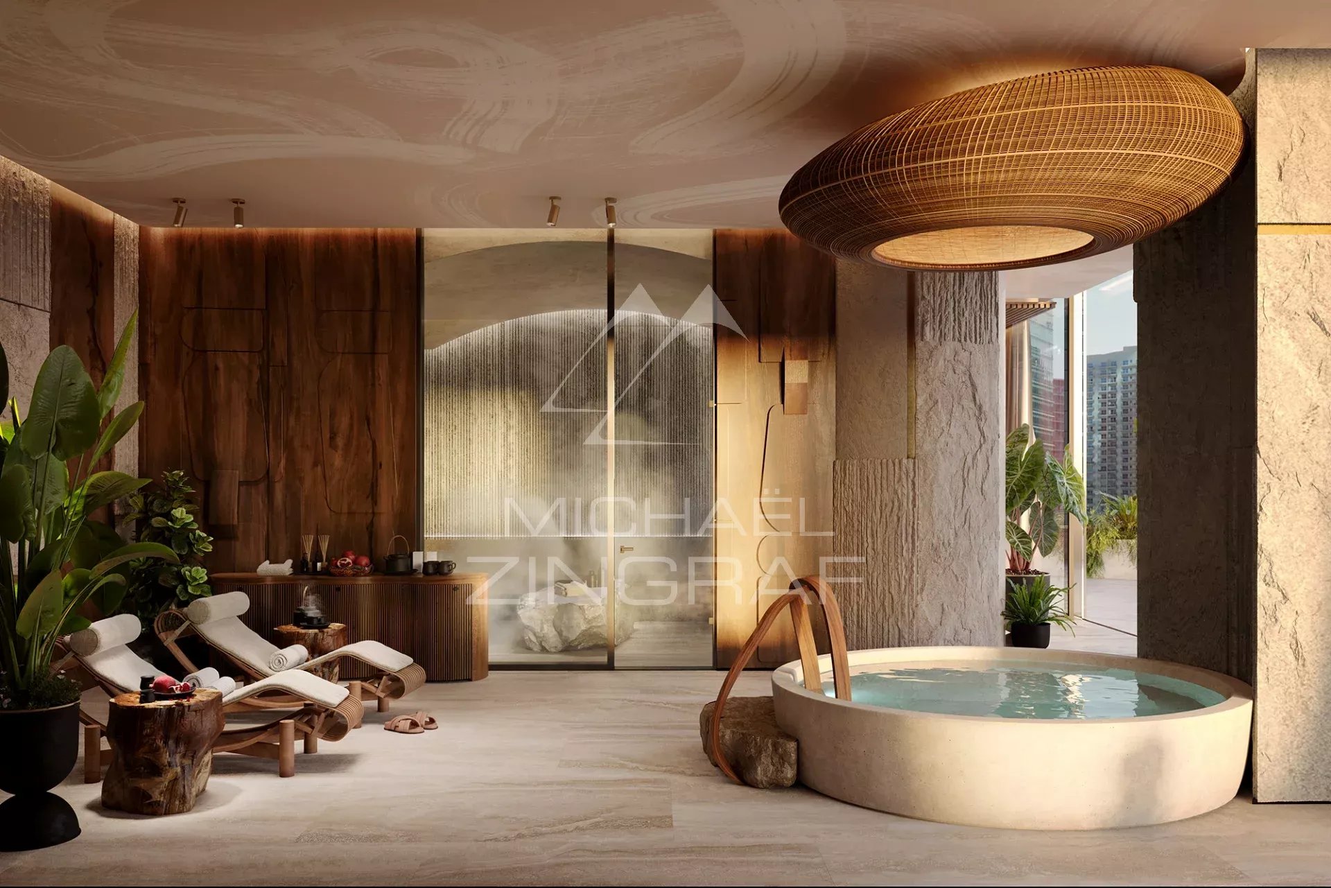 Intérieur luxueux d’EYWA à Dubai Intérieur d'un appartement luxueux avec spa, plantes et baignoire à Dubai.