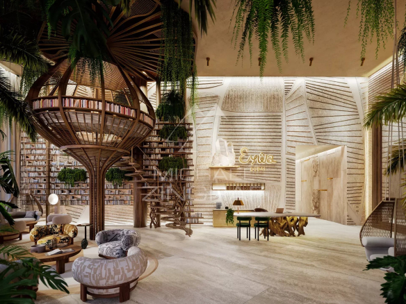 Intérieur d'un appartement luxueux à EYWA Dubai avec des éléments naturels et une décoration moderne.
