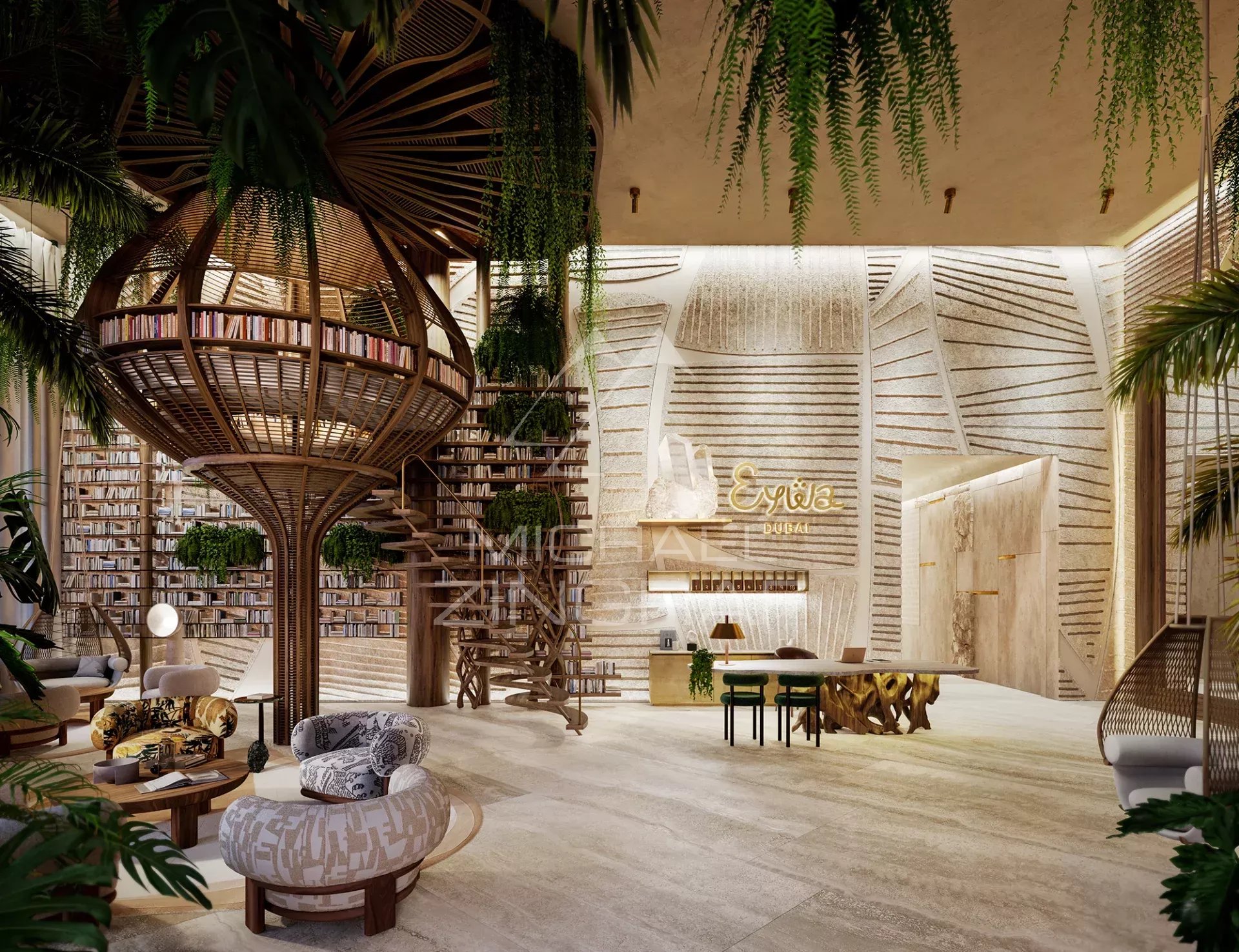 Intérieur de l’appartement EYWA Dubai Intérieur d'un appartement luxueux à EYWA Dubai avec des éléments naturels et une décoration moderne.