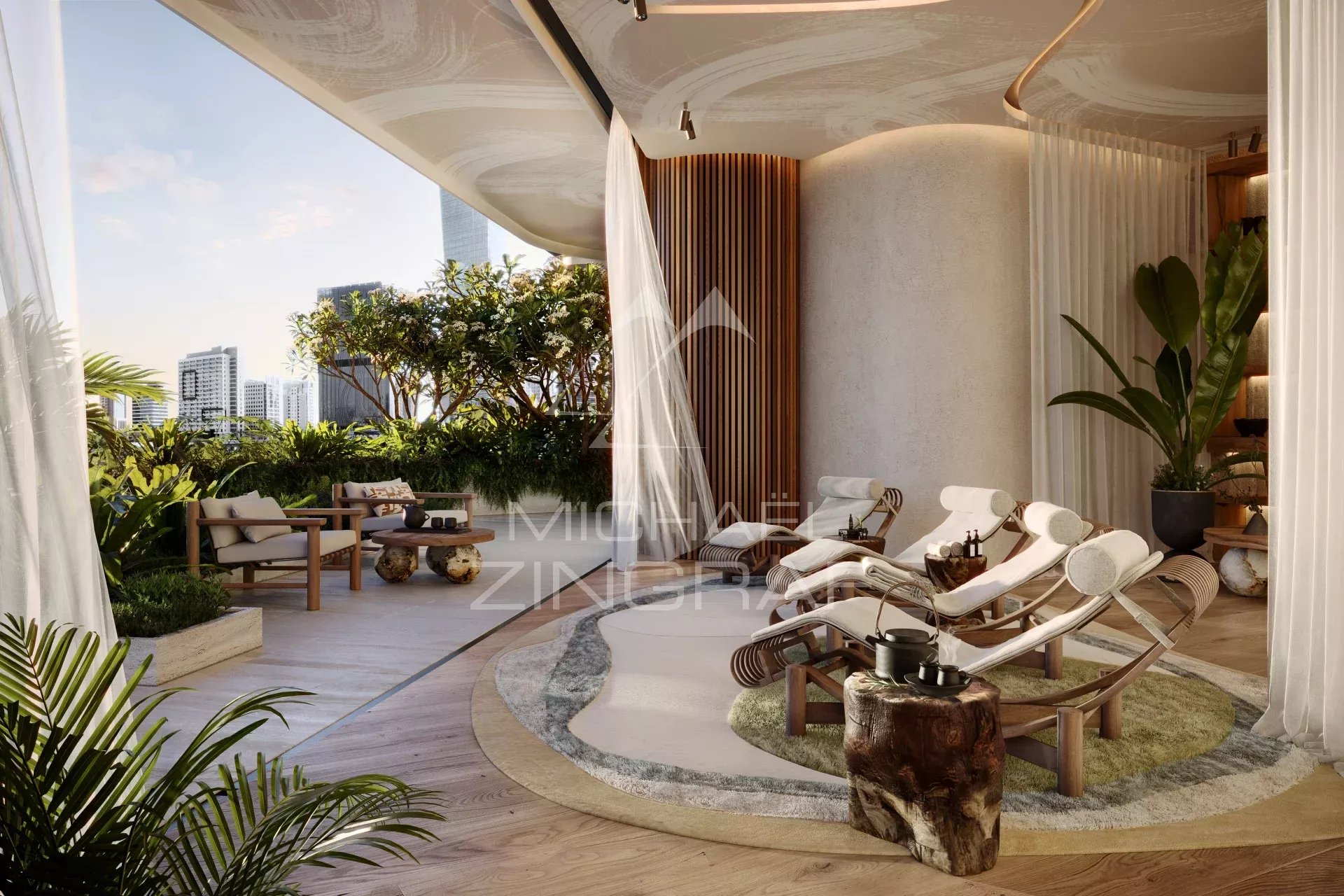 Intérieur d’un appartement EYWA à Dubai Intérieur d'un appartement luxueux avec mobilier moderne et vue sur la nature à Dubai.