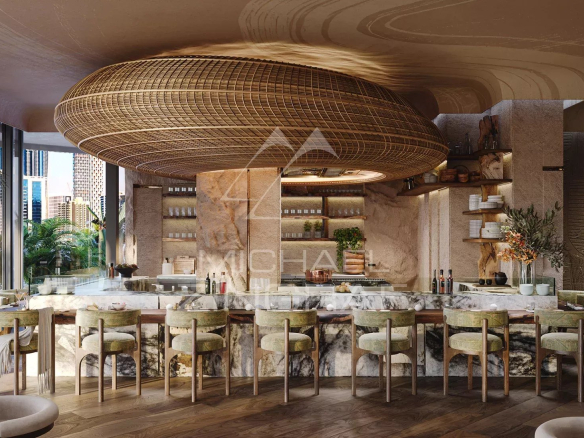 Intérieur d'un bar moderne avec un comptoir en marbre et des chaises autour, éclairage chaleureux.
