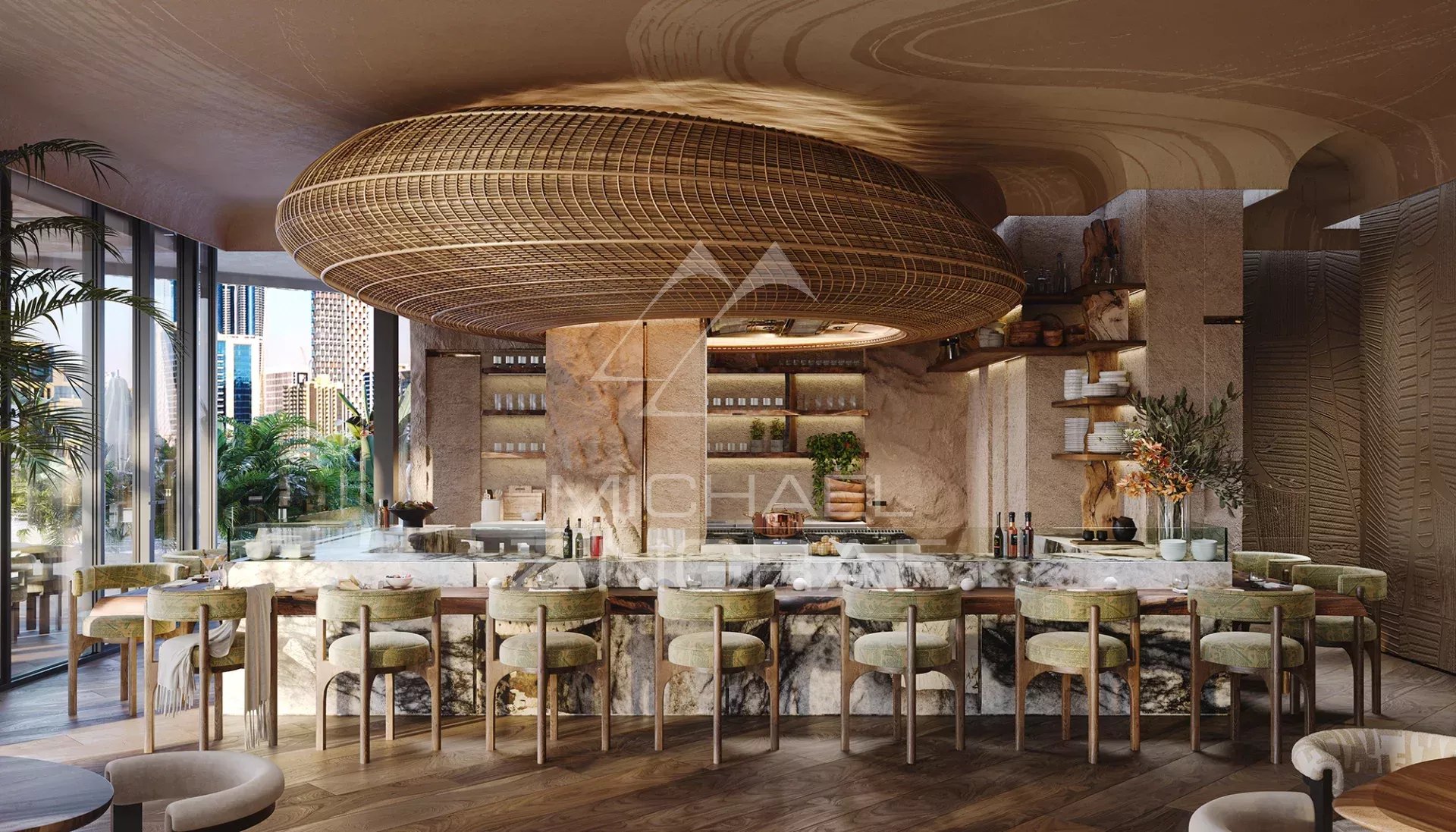 Bar moderne à EYWA Dubai Intérieur d'un bar moderne avec un comptoir en marbre et des chaises autour, éclairage chaleureux.