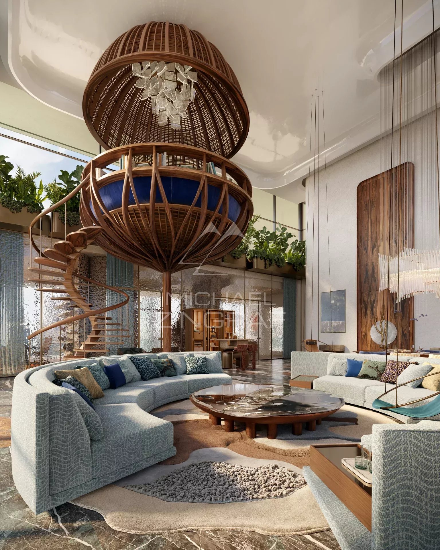 Interior of a luxury apartment in Dubai Interior of a luxury apartment on the 19th floor overlooking Dubai, including a spacious living room and a wooden structure.